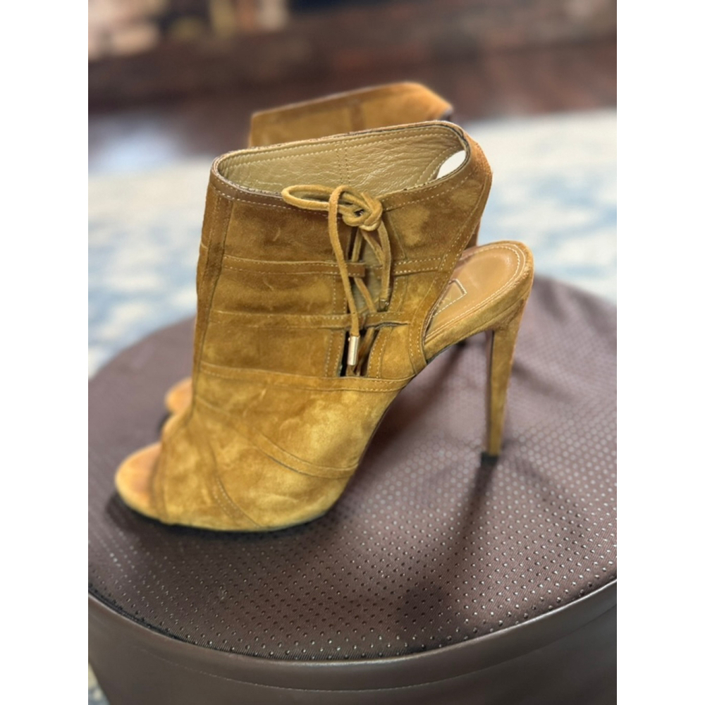 AQUAZZURA | Brown Suede Peep Toe Heels Size 9 - Picture 6 of 7